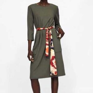 Zara Olive 3/4 Sleeve Color Tie Belt Dress

#1148